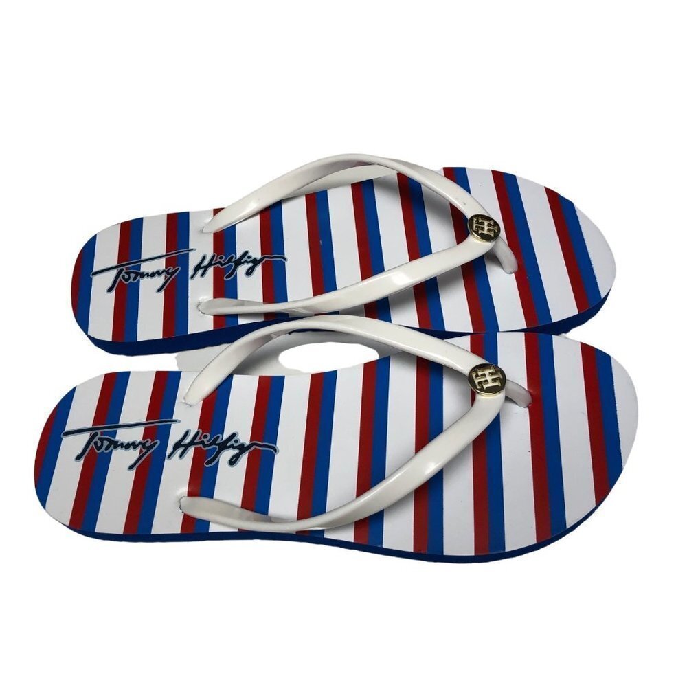 TOMMY HILFIGER TWBEHAN RED WHITE & BLUE FLIP FLOPS THONG sz 10 nwt